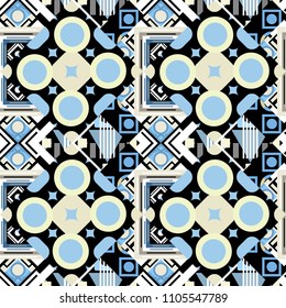 Seamless grunge micro vector print. Geometric abstract mosaic seamless pattern with tiles and simple shapes in blue, gray and neutral colors for fashion. Abstract dynamic retro tiles background.
