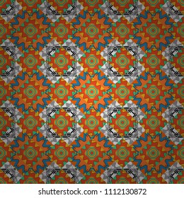 Seamless grunge micro vector print. Geometric abstract mosaic seamless pattern with tiles and simple shapes in green, orange and gray colors for fashion. Abstract dynamic retro tiles background.