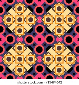 Seamless grunge micro vector print. Geometric abstract mosaic seamless pattern with tiles and simple shapes in pink, violet and yellow colors for fashion. Abstract dynamic retro tiles background.