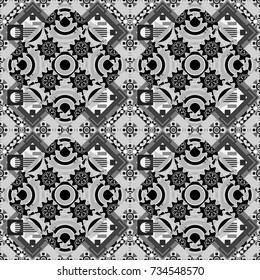 Seamless grunge micro vector print. Geometric abstract mosaic seamless pattern with tiles and simple shapes in white, gray and black colors for fashion. Abstract dynamic retro tiles background.