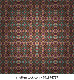 Seamless grunge micro vector print. Geometric abstract mosaic seamless pattern with tiles and simple shapes in orange, brown and green colors for fashion. Abstract dynamic retro tiles background.