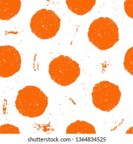 Seamless grunge monochrome pattern with bright orange polka dots on transparent background. Uneven placement. Vector image. Eps 8