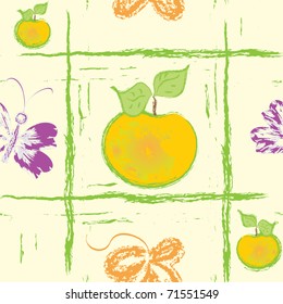 Seamless grunge pattern with apple, butterfly and leaf