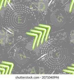 seamless grunge pattern with arrows, geometric elements and alphabet