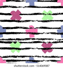 seamless grunge pattern, black horizontal stripes and multicolor crosses on a white background