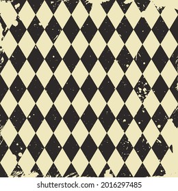 Seamless grunge pattern with black rhombus. Scratched Chess or diamonds symmetric background. Classic circus or magic pattern. Geometric seamless  texture. Checkered vector illustration. 