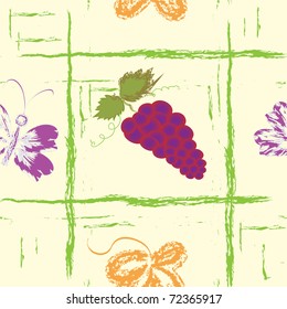 Seamless grunge pattern with bunch of grapes, butterfly and leaf