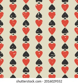 Seamless grunge pattern with card suits - hearts, clubs, spades and diamonds. Scratched Casino gambling, poker background. Alice in wonderland ornament.