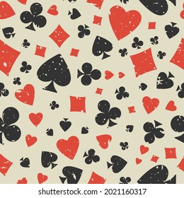 Seamless grunge pattern with card suits - hearts, clubs, spades and diamonds. Scratched Casino gambling, poker background. Alice in wonderland ornament.