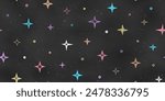 Seamless Grunge Pattern of Chalk Drawn Sketches Colorful Stars on Dark Blackboard. Starry Retro Print. Texture of Stylized Crayon-Drawn Night Sky on Chalkboard Backdrop.