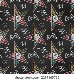 Seamless Grunge Pattern of Chalk Drawn Sketches Colorful Stars and Scrawls on Chalkboard Backdrop. Continuous Background of Realistic Crayon-Drawn Colored Scribbles on Dark Blackboard.