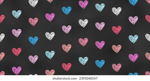 Seamless Grunge Pattern of Chalk Drawn Sketches Pink, Red, White and Blue Hearts on Dark Chalkboard Backdrop. Continuous Background of Realistic Crayon-Drawn Romantic Symbols on Blackboard.