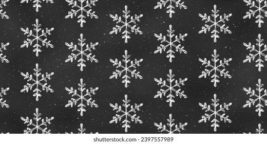 Seamless Grunge Pattern of Chalk Drawn Sketches White Snowflakes on Black Chalkboard Backdrop. Continuous Background of Realistic Crayon-Drawn Light Snowflakes on Dark Blackboard.
