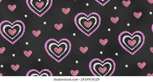 Seamless Grunge Pattern of Chalk Drawn Sketches Red, Pink, White, Hearts on Dark Blackboard. Continuous Background of Realistic Crayon-Drawn Romantic Symbols on Chalkboard Backdrop.