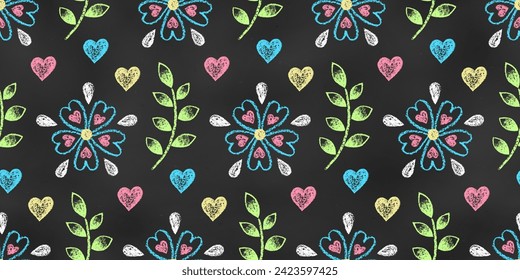 Nahtlose Grunge-Muster aus Kreide gezeichneten Skizzen Blumen und Blätter auf Chalkboard-Hintergrund. Frühlings- oder Sommerschichten. Kontinuierlicher Hintergrund von realistischen, von Kreuz gezeichneten Formen auf dunklem Hintergrund.