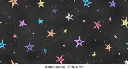 Seamless Grunge Pattern of Chalk Drawn Sketches Stars on Chalkboard Backdrop. Starry Night Sky Print. Continuous Texture of Realistic Crayon-Drawn Colorful Stars on Dark Blackboard.