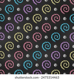 Seamless Grunge Pattern of Chalk Drawn Sketches Round Curls on Chalkboard Backdrop. Continuous Background of Realistic Colored Crayon-Drawn Drawings on Dark Blackboard.