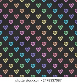 Seamless Grunge Pattern of Chalk Drawn Sketches Hearts on Chalkboard Backdrop. Rainbow Striped Print. Continuous Background of Realistic Crayon-Drawn Colorful Hearts on Dark Blackboard.