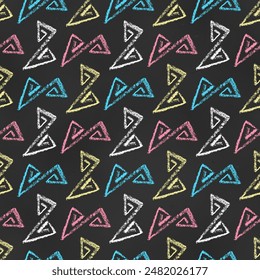 Seamless Grunge Pattern of Chalk Drawn Sketches Triangular Zigzag Scribbles on Chalkboard Backdrop. Abstract Linear Print. Continuous Background of Colorful Crayon-Drawn Scrawls on Dark Blackboard.