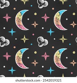 Seamless Grunge Pattern of Chalk Drawn Sketches Moons, Stars and Clouds on Dark Blackboard. Night Sky Print. Continuous Texture of Realistic Crayon-Drawn Symbols on Chalkboard Backdrop.