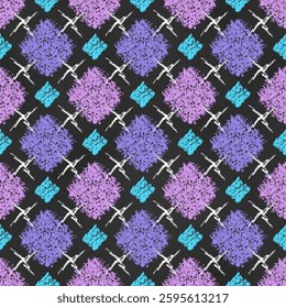 Seamless Grunge Pattern of Chalk Drawn Sketches Violet, Lilac and Blue Scribbles on Chalkboard Backdrop. Checkered Print. Continuous Background of Realistic Crayon-Drawn Squares on Dark Blackboard.
