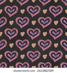Seamless Grunge Pattern of Chalk Drawn Sketches Hearts on Chalkboard Backdrop. Simple Romantic Print. Continuous Background of Realistic Crayon-Drawing Red Hearts on Dark Blackboard.