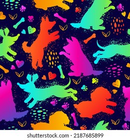 Seamless grunge pattern with cute dogs in vector. Modern neon background with funny puppies and hearts. A repeating pattern with animal tracks. Holographic pets for children's clothing.