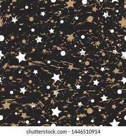 Seamless grunge pattern with gold and white stars and dots on black background. Vector illustration black and white. Magic sky. Glitter, confetti texture with golden particles of debris