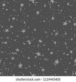 Seamless grunge pattern with grey hand drawn shabby stars of different size on black background. Vector illustration black and white. Magic sky. Cosmos texture with particles of debris