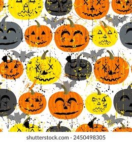 seamless grunge pattern for Halloween. orange, gray and yellow smiling creepy pumpkins on white background. background for wrapping paper, fabric, textile and others