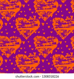 Seamless grunge pattern with handdrawn hearts. Bright and colourful brushpainted ornament for wrapping paper, invitations, cards, printing,web-design.