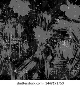 Seamless grunge pattern made with hand drawn brush strokes. Black and gray rough pattern with paint splashes and strokes