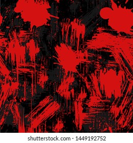 Seamless grunge pattern made with hand drawn brush strokes. Red and black textured pattern with brush splashes and brush painted elements