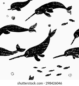 Seamless grunge pattern with narwhals. Hand drawn background.