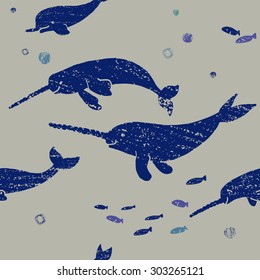 Seamless grunge pattern with narwhals. Hand drawn background.