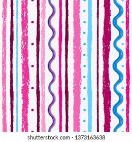 Seamless grunge pattern with pink and blue stripes, dots and wavy stripes on white. Vector image. Eps 8