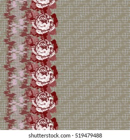 Seamless grunge  pattern with roses. Trendy ornamental border for embroidery. Vector background.