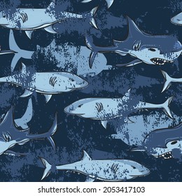 Seamless grunge pattern with shark. Blue background for textile, textile, fabric, stationery, socks, clothes and other designs.