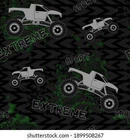 Seamless grunge pattern urban style. Big car, geometric elements and text.