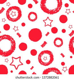 Seamless grunge red monochrome pattern with polka dots, rings and stars. Vector image. Eps 8
