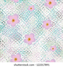 Seamless grunge stained glass pattern with abstract flowers in blue, violet and white colors