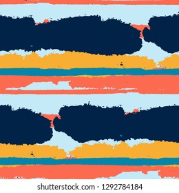 Seamless Grunge Stripes. Painted Lines. Texture with Horizontal Brush Strokes. Scribbled Grunge Motif for Sportswear, Fabric, Cloth. Trendy Vector Background