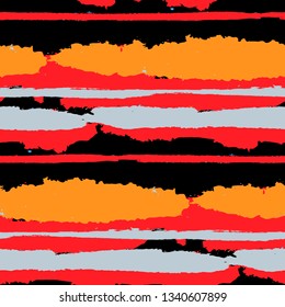 Seamless Grunge Stripes. Painted Lines. Texture with Horizontal Dry Brush Strokes. Scribbled Grunge Motif for Sportswear, Paper, Cloth. Rustic Vector Background