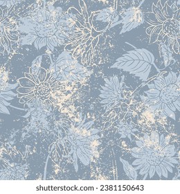 seamless grunge textured sunflower drawing pattern on textured light blue background, sunflower flowers in monochrome colors, 