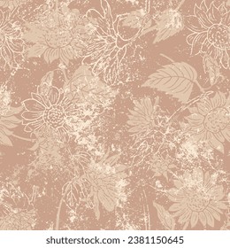 seamless grunge textured sunflower drawing pattern on textured light pink background, sunflower flowers in monochrome colors, 