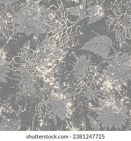 seamless grunge textured sunflower drawing pattern on textured dark grey background, sunflower flowers in monochrome colors, 