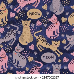 Patrón vectorial de grunge sin foco con gatos lindos. Moderno y brillante fondo con gatitos y corazones divertidos. Plantilla de repetición con pistas animales. Papel de escritorio con mascotas para textiles para niños.