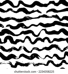 Seamless Grunge Waves Hand Drawn Dry Brush Sea Style Pattern.