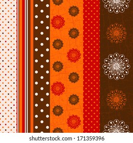 Seamless grungy striped pattern with polka dots and flowers (vector)