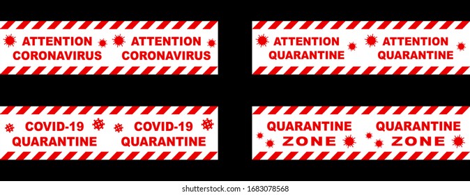 Viñetas de seguridad sin inconvenientes con las palabras Precaución cuarentena, coronavirus, zona y covid-19. rayas rojas y blancas.